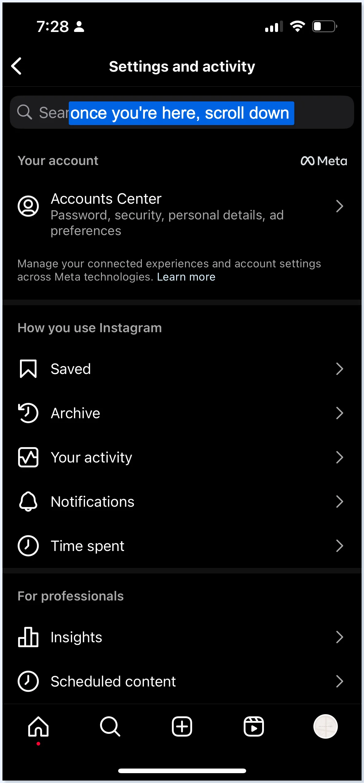 Pantalla Account type and tools