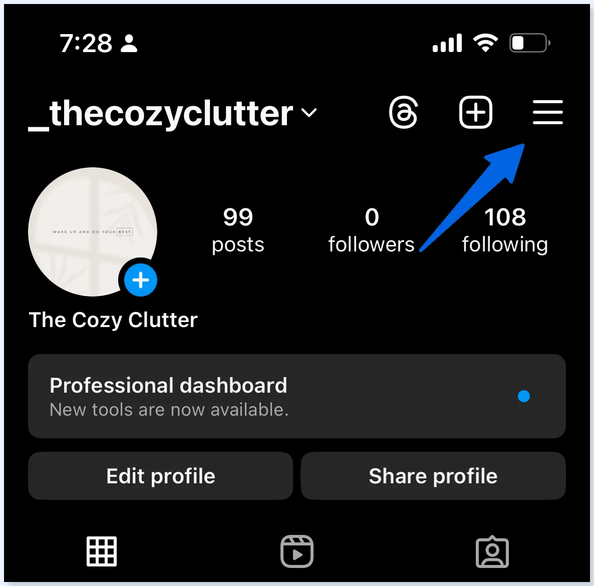 Perfil de Instagram con el ícono de menú resaltado