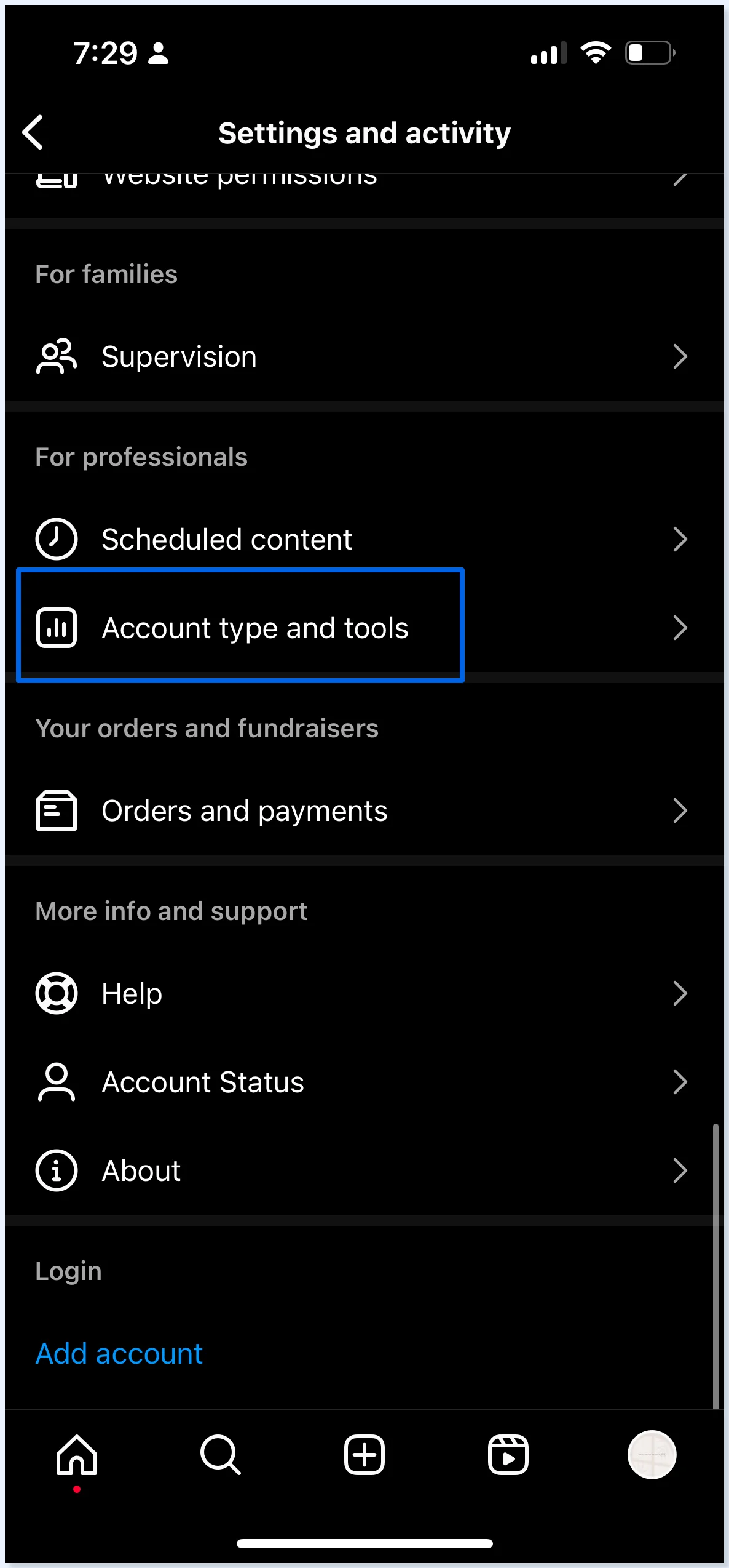 Opción Switch to professional account