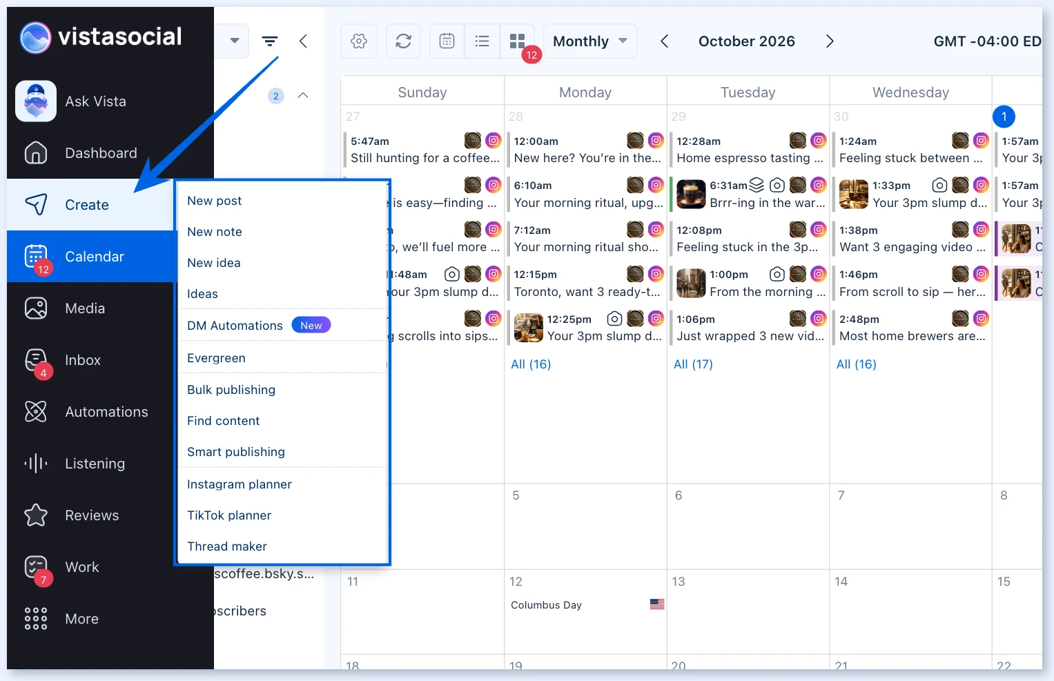 Create menu open in the left navigation with the publishing options listed