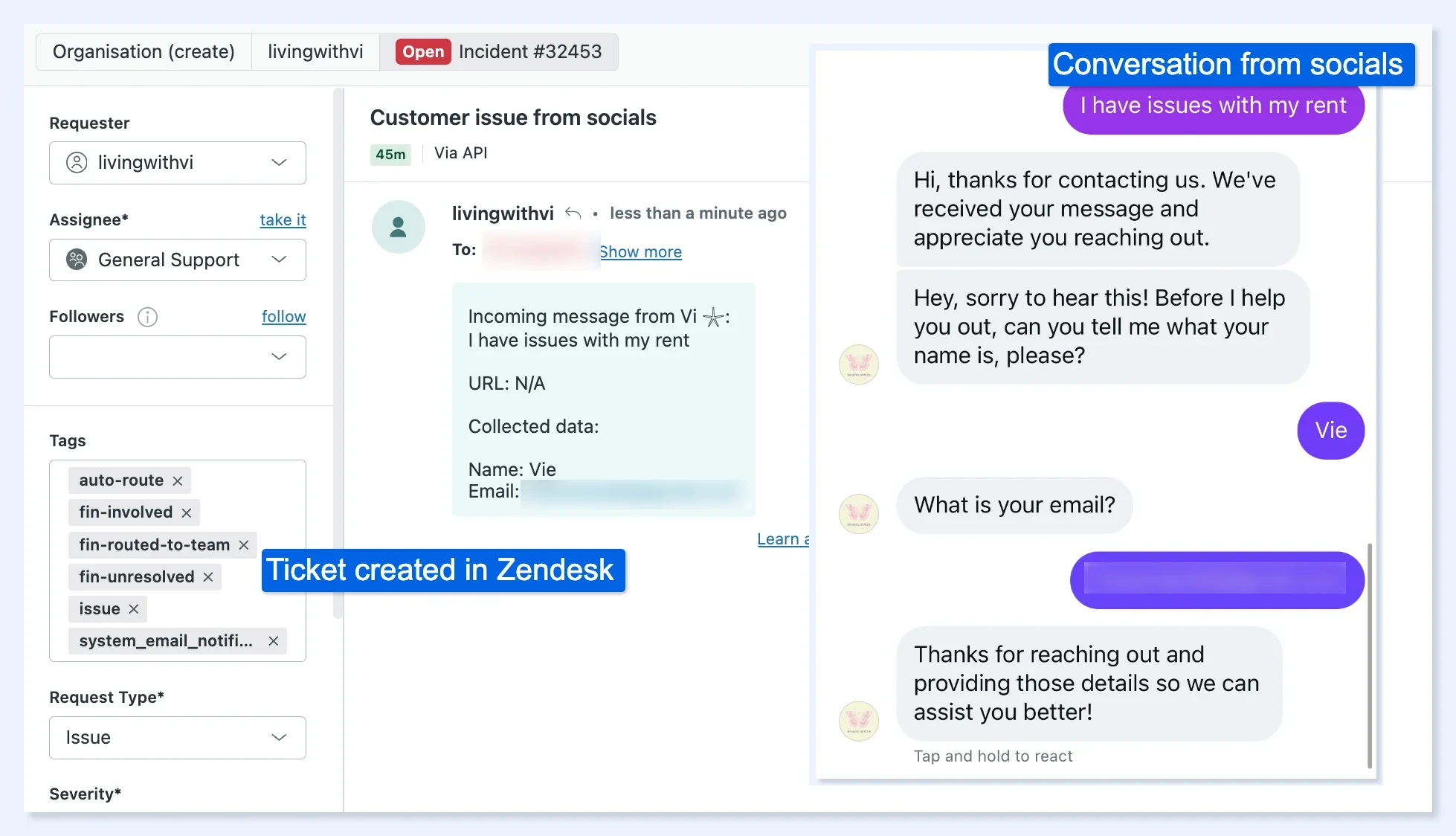 Zendesk ticket created from a DM automation next to the social conversation