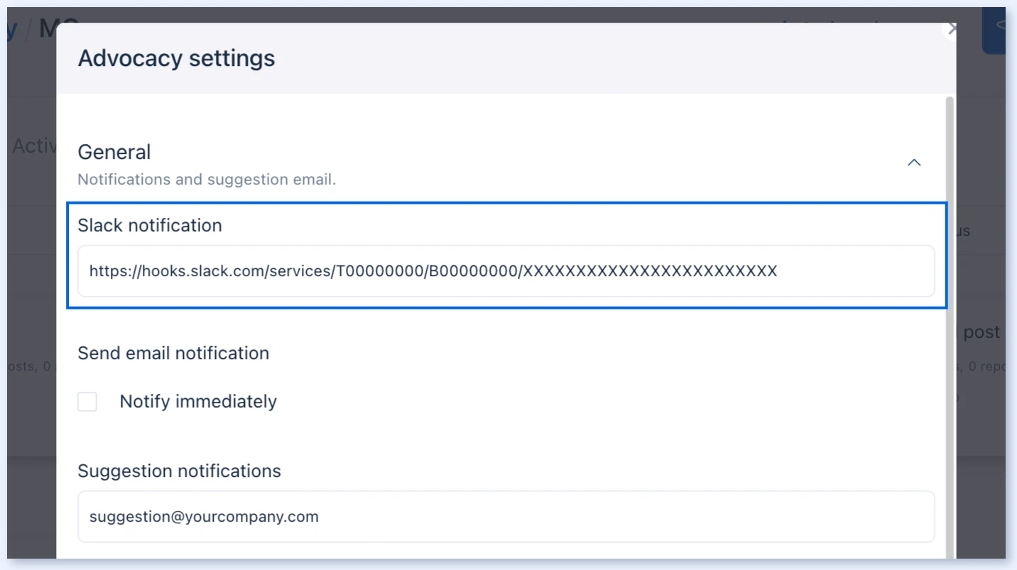 Advocacy settings with the Slack notification webhook field highlighted