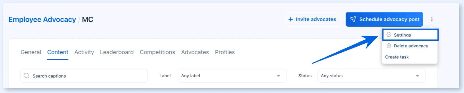 Employee Advocacy program header with the three-dot menu open and Settings highlighted
