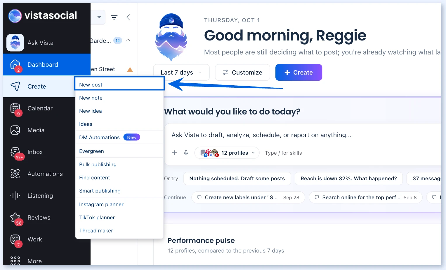 Create menu in the left navigation with New post highlighted