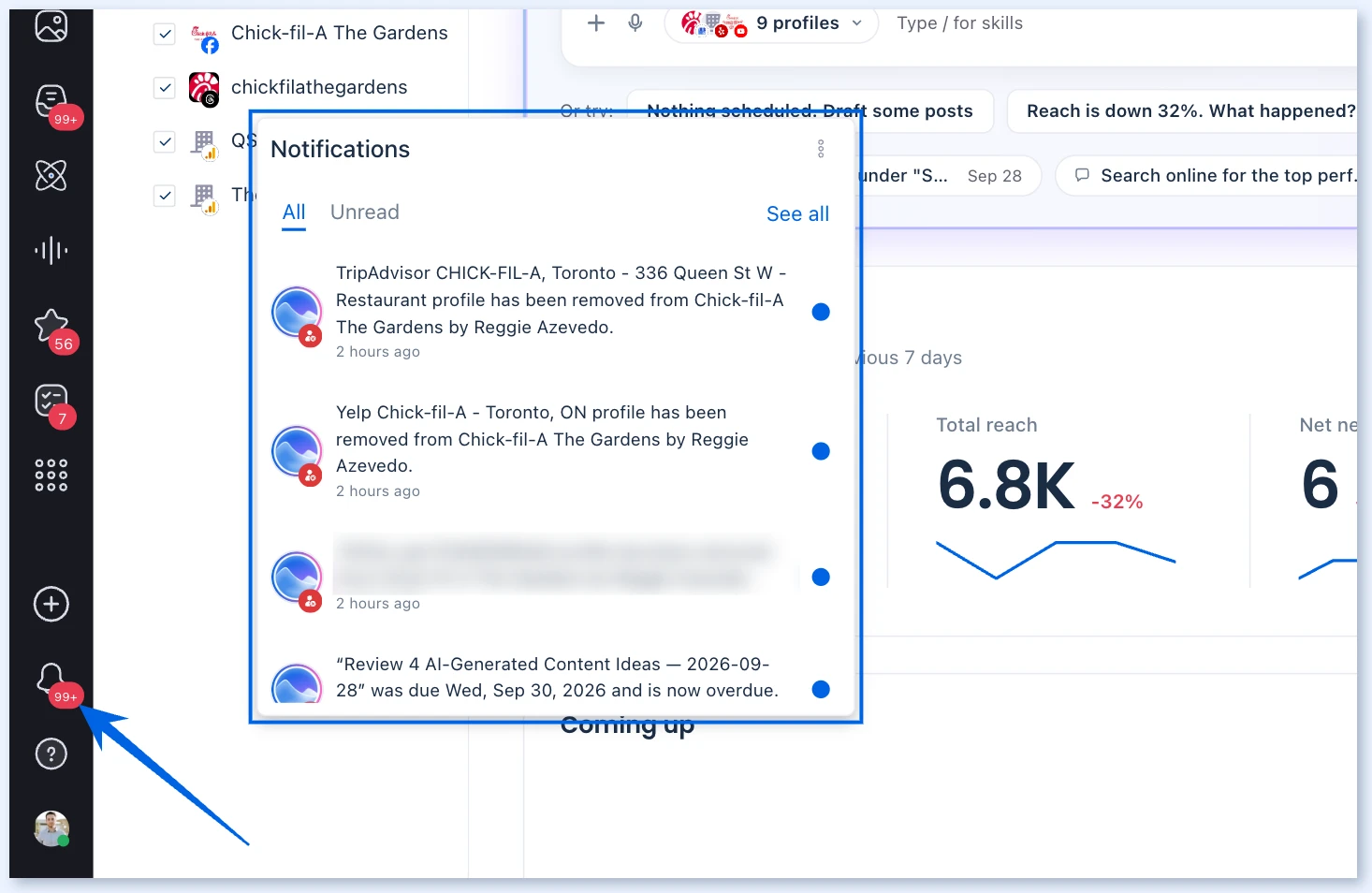Notifications panel opened from the bell icon in the left navigation