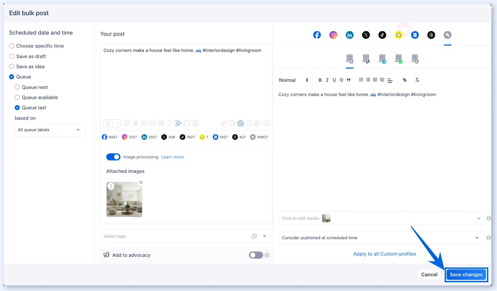 Edit bulk post window with the Save changes button