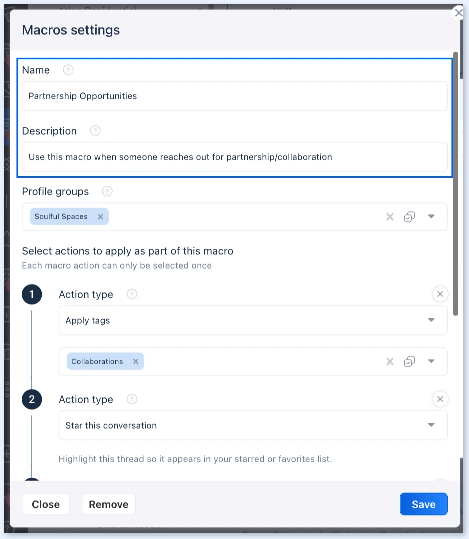 Macro name and description fields in Macros settings