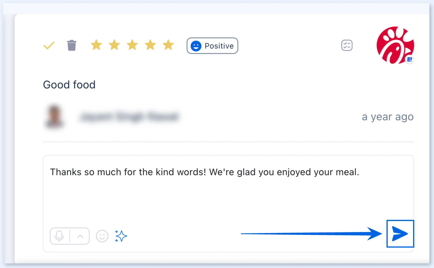 Review reply box with the send icon highlighted