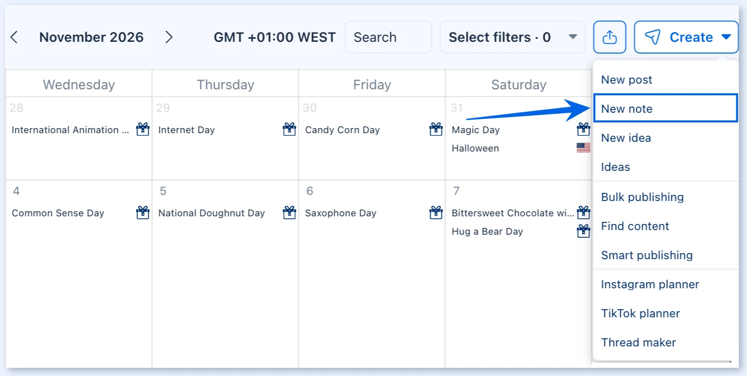 Create menu on the calendar with New note highlighted