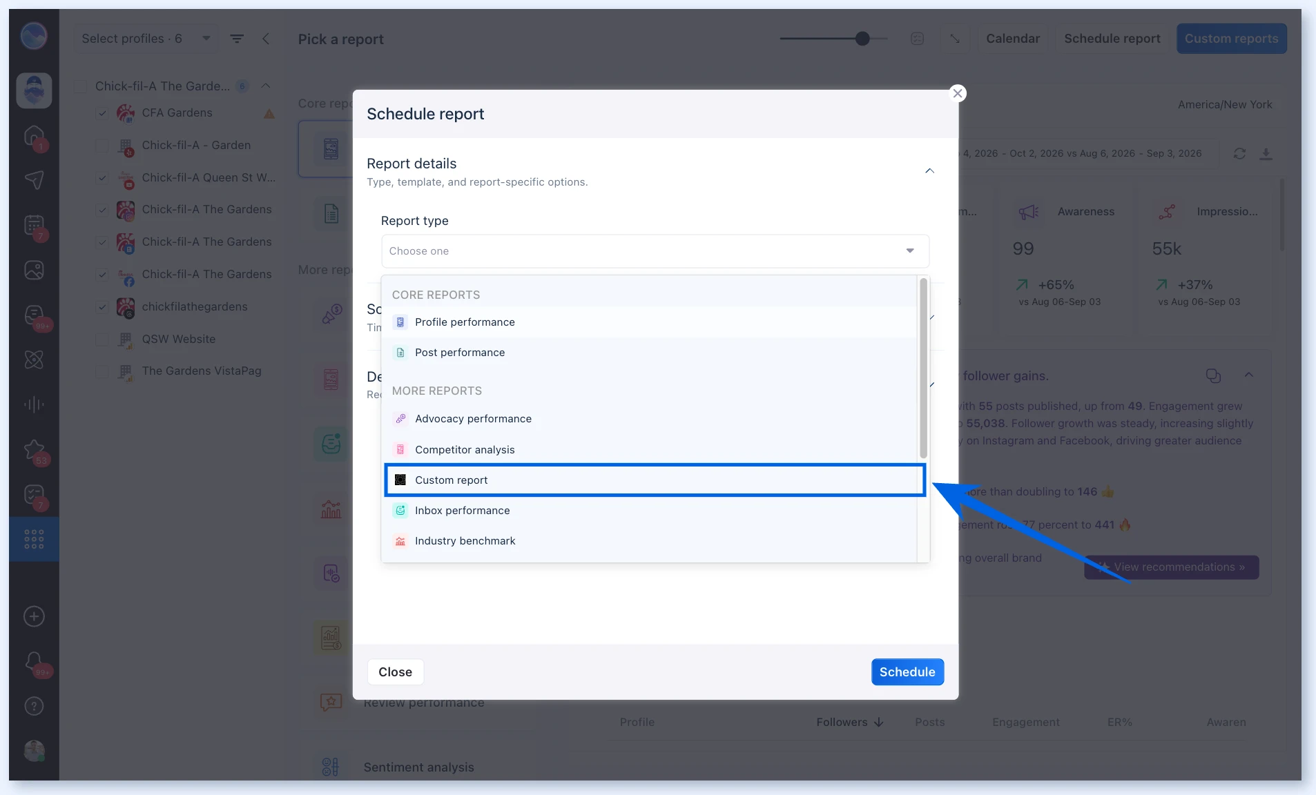 Schedule report dialog with Custom report in the report type list