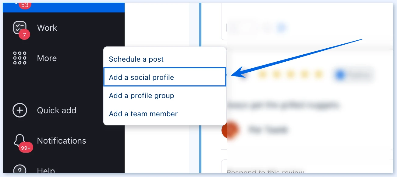 Quick add menu with Add a social profile highlighted