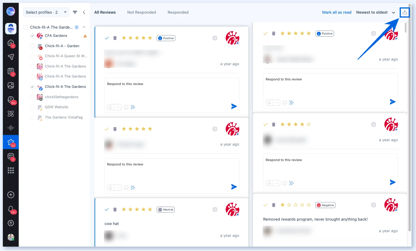 Reviews page with the Export button highlighted