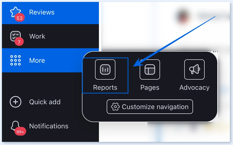 More menu with Reports highlighted