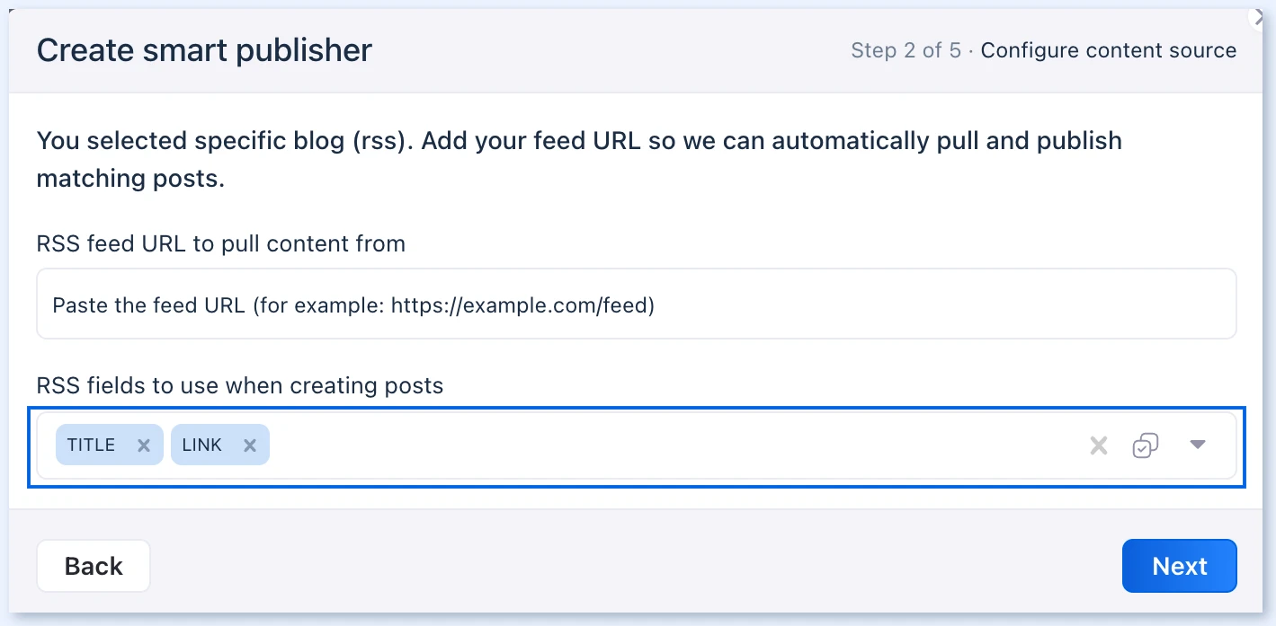 RSS feed URL and RSS fields in the smart publisher setup