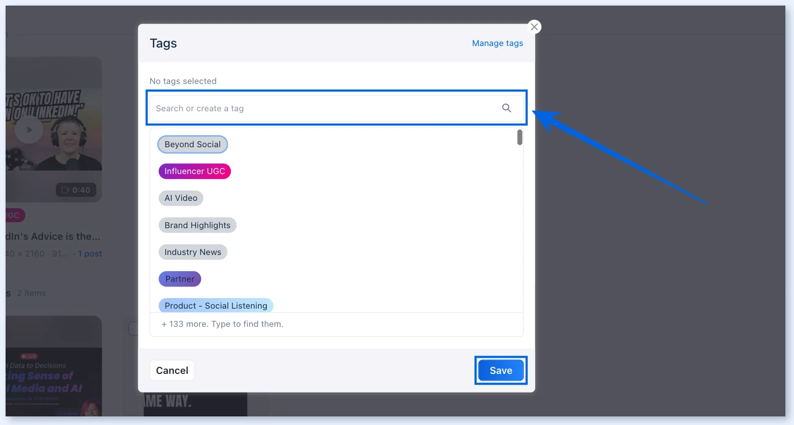 Tags window opened from the Add tag button on a media card
