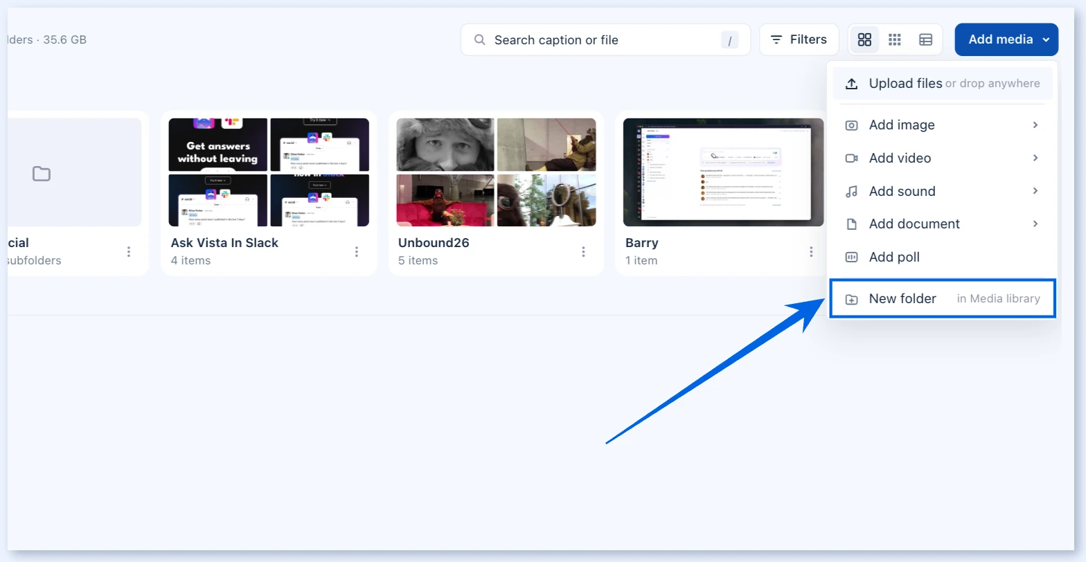 New folder option in the Add media menu