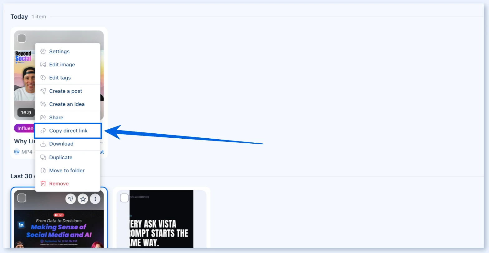 Copy direct link in the media item menu