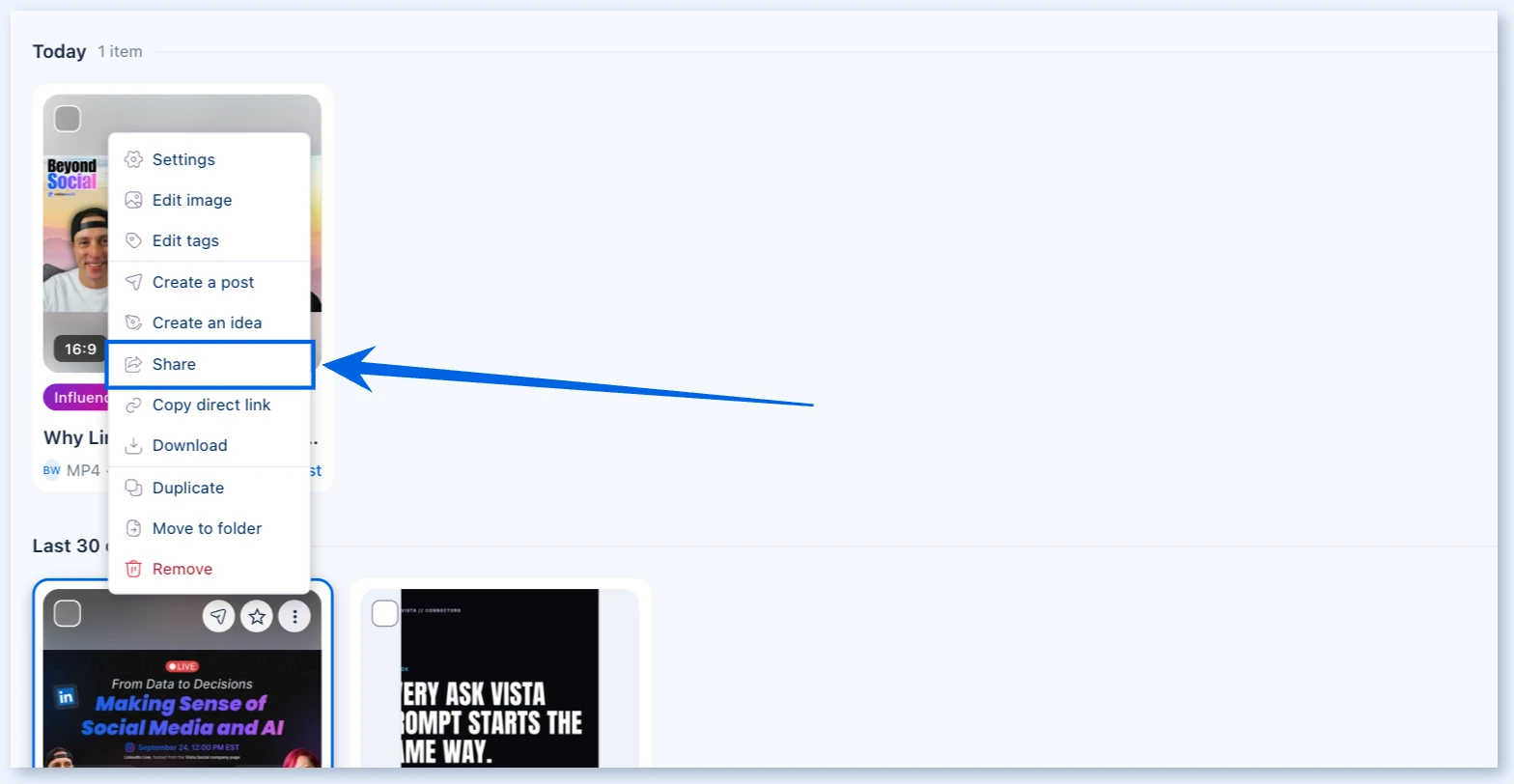 Share option in the media item menu