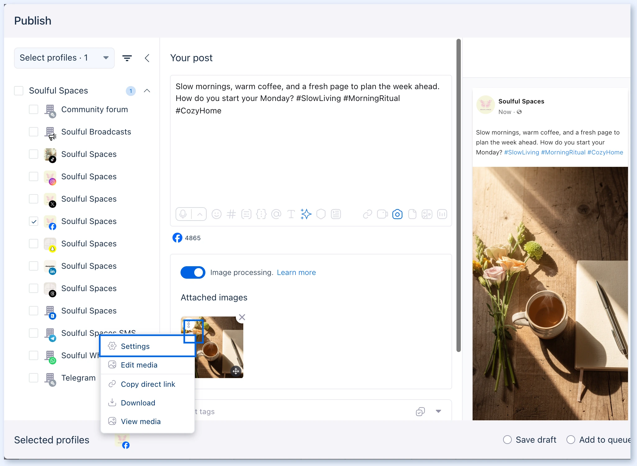 Menú de la imagen adjunta en el editor de publicaciones con la opción Settings resaltada