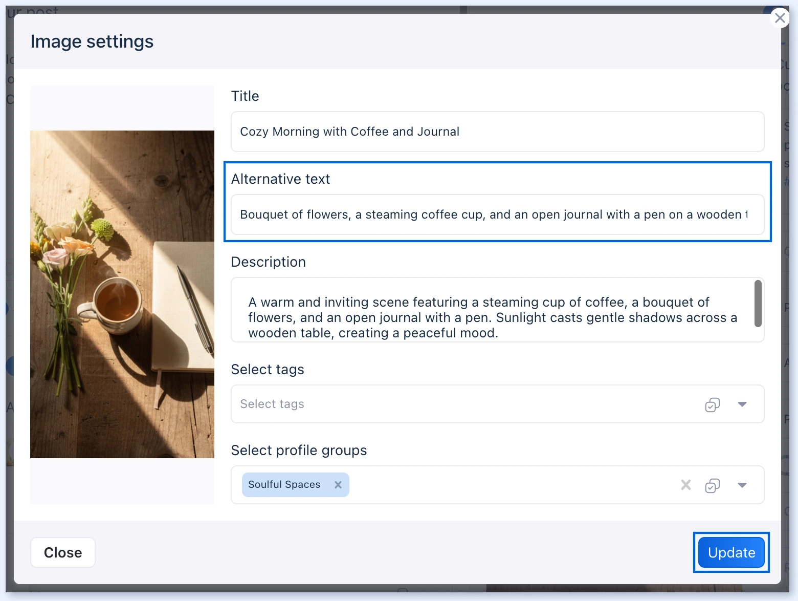 Image settings window with the Alternative text field and the Update button