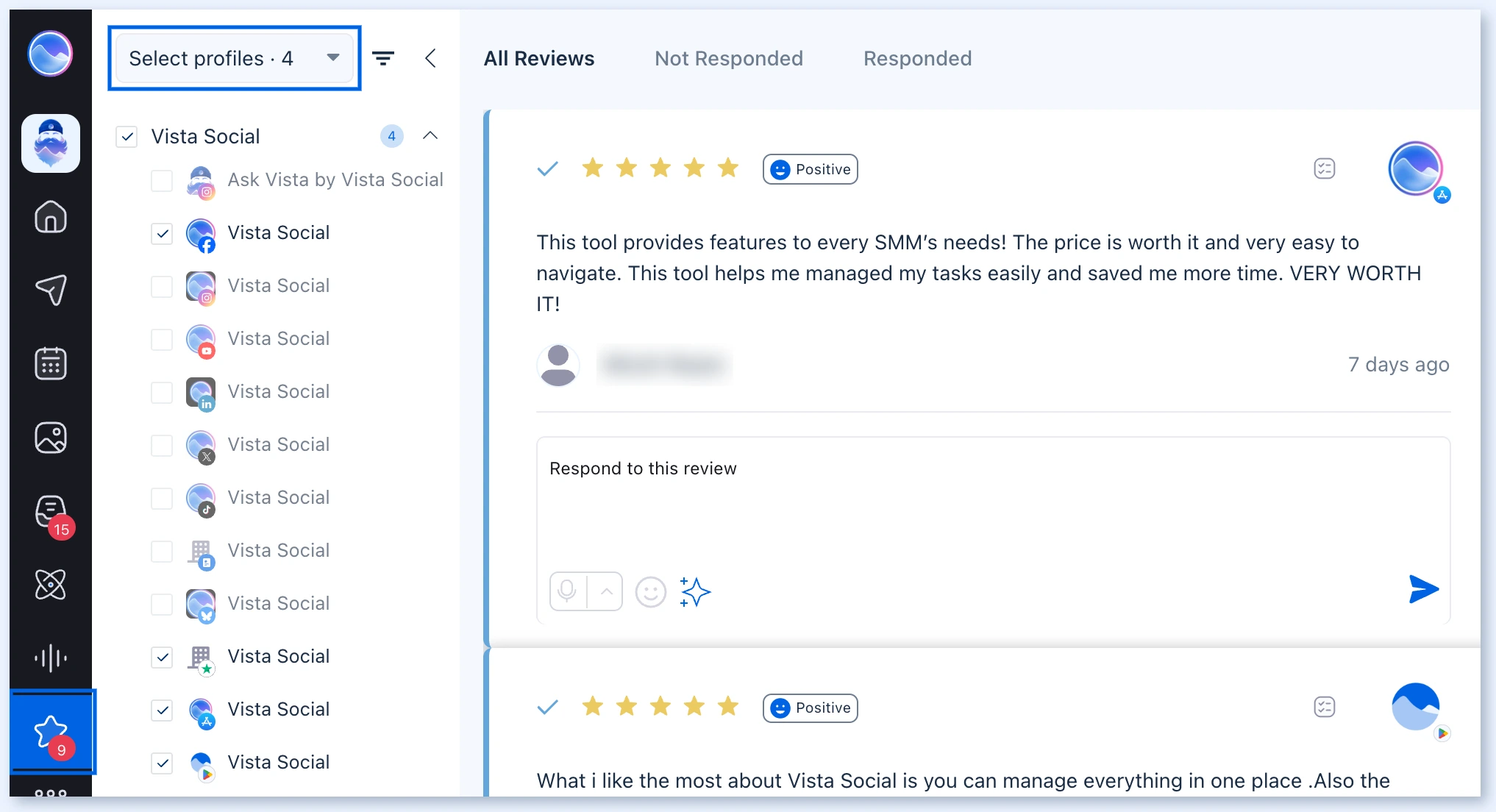 Reviews tab with the profile selector