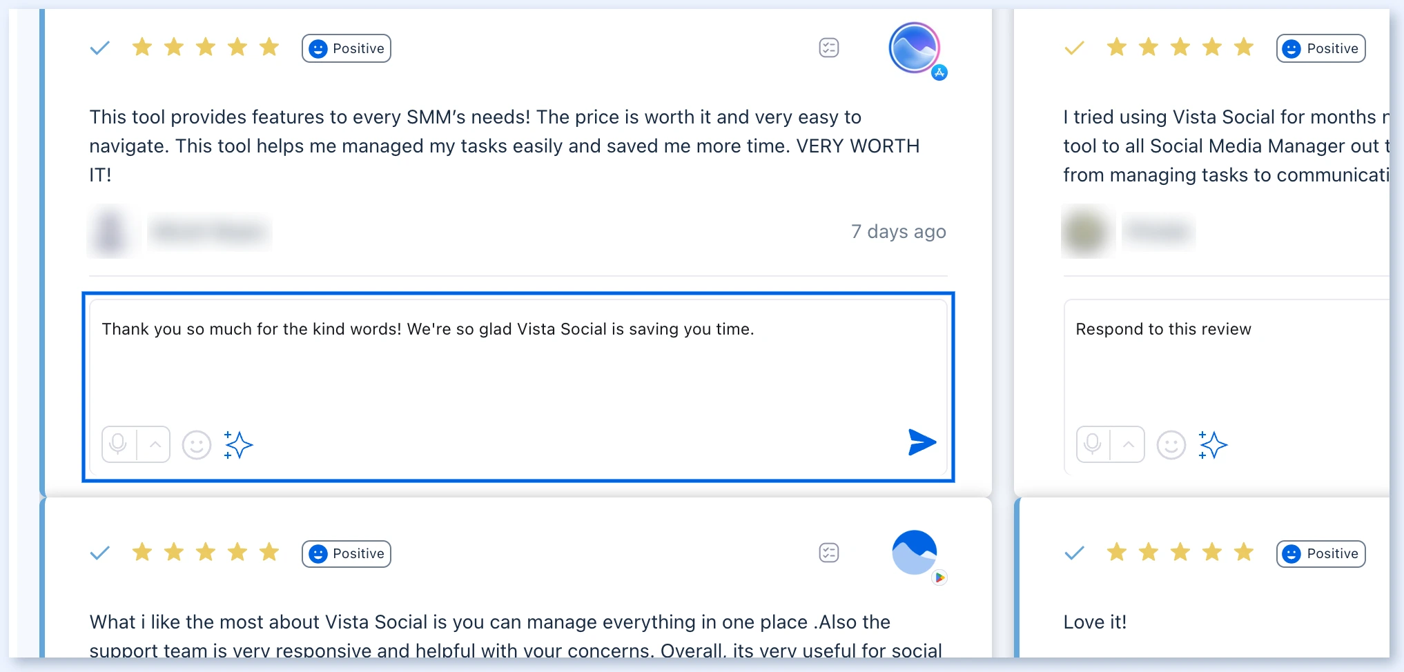 Respond to this review field with the send icon