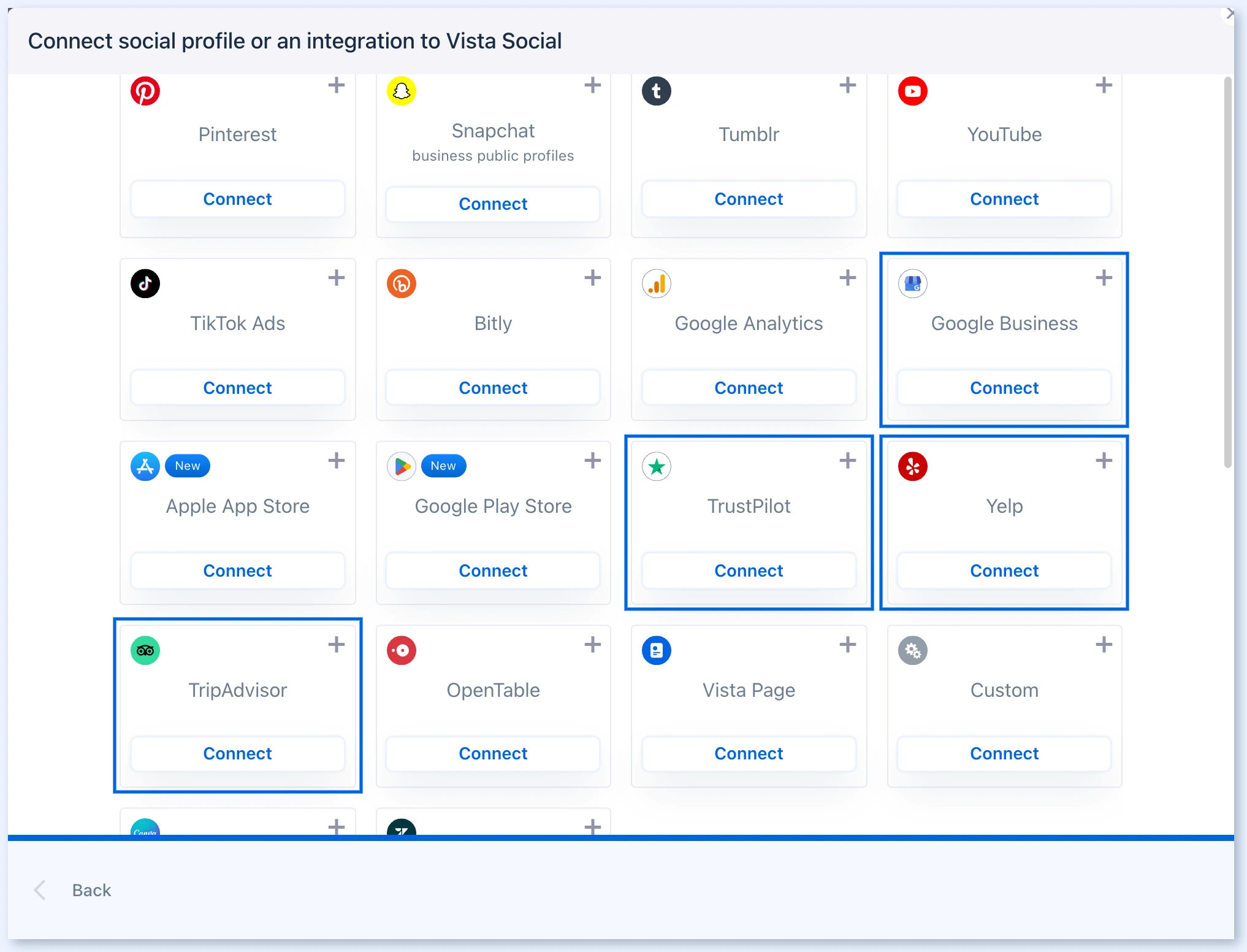 Review sites such as Google Business, TrustPilot, Yelp, and TripAdvisor in the connect list