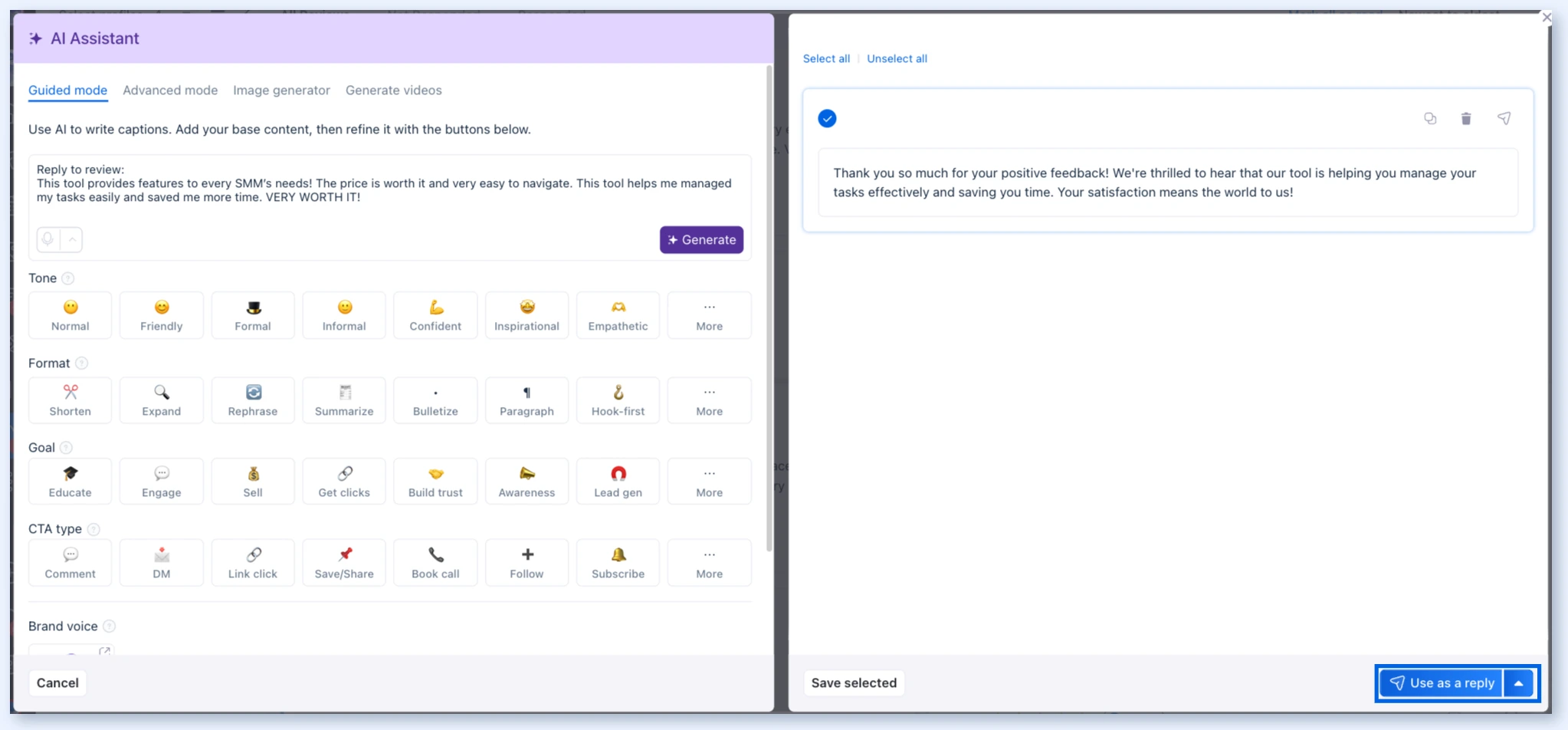 AI Assistant with Use as a reply highlighted