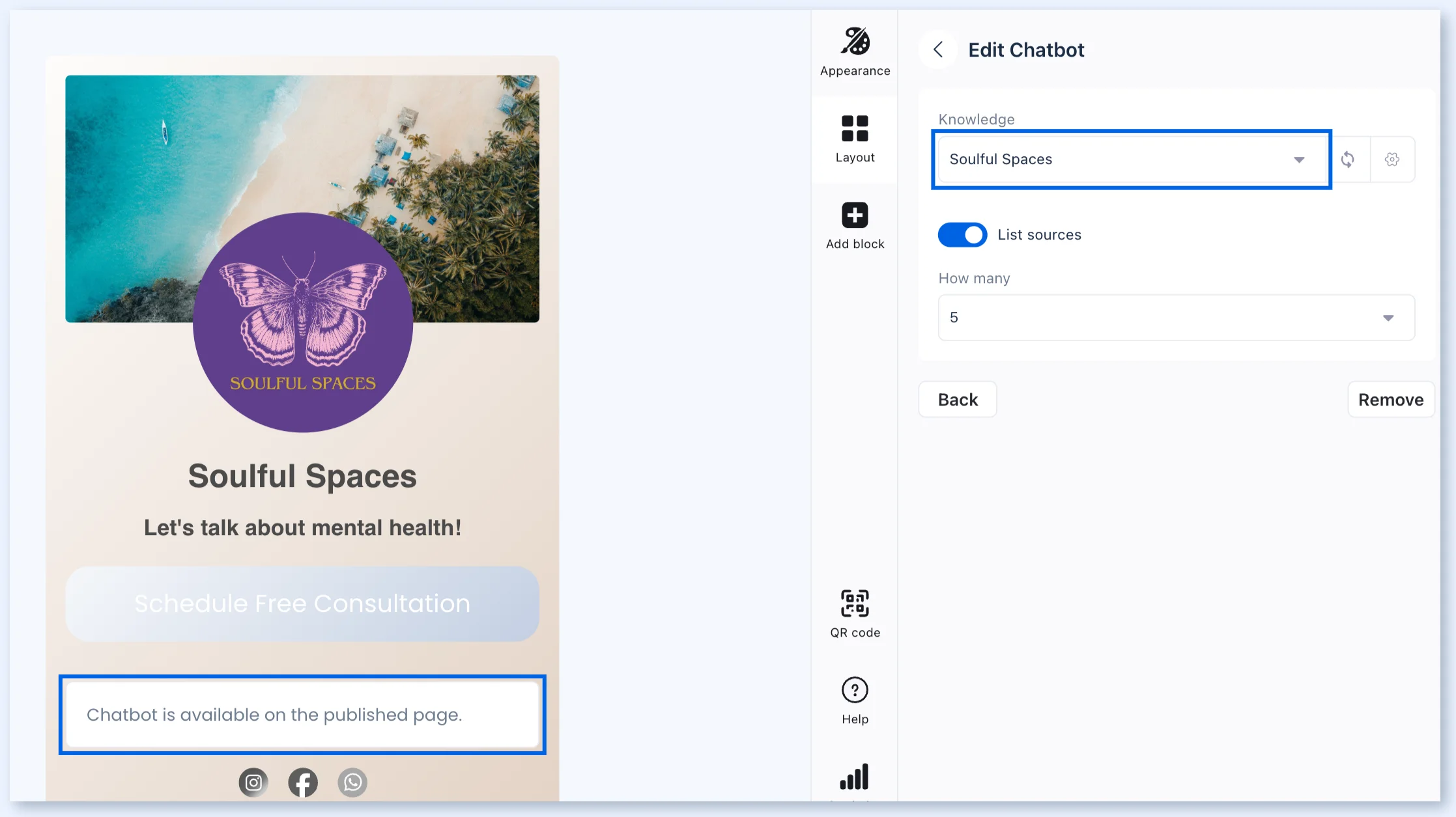 Vista Page chatbot block with a Knowledge selected
