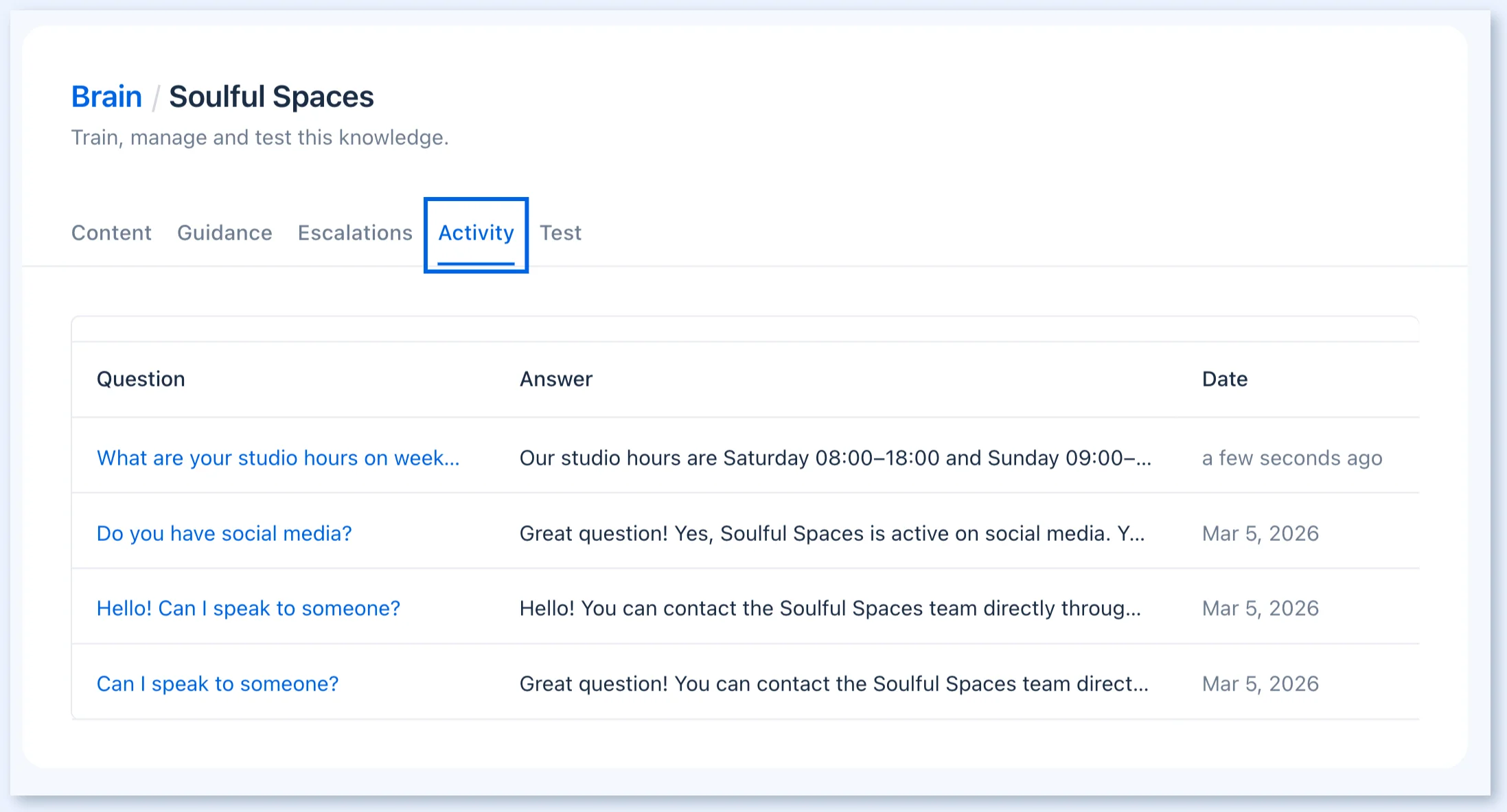 Вкладка Activity в Brain со списком прошлых вопросов и ответов