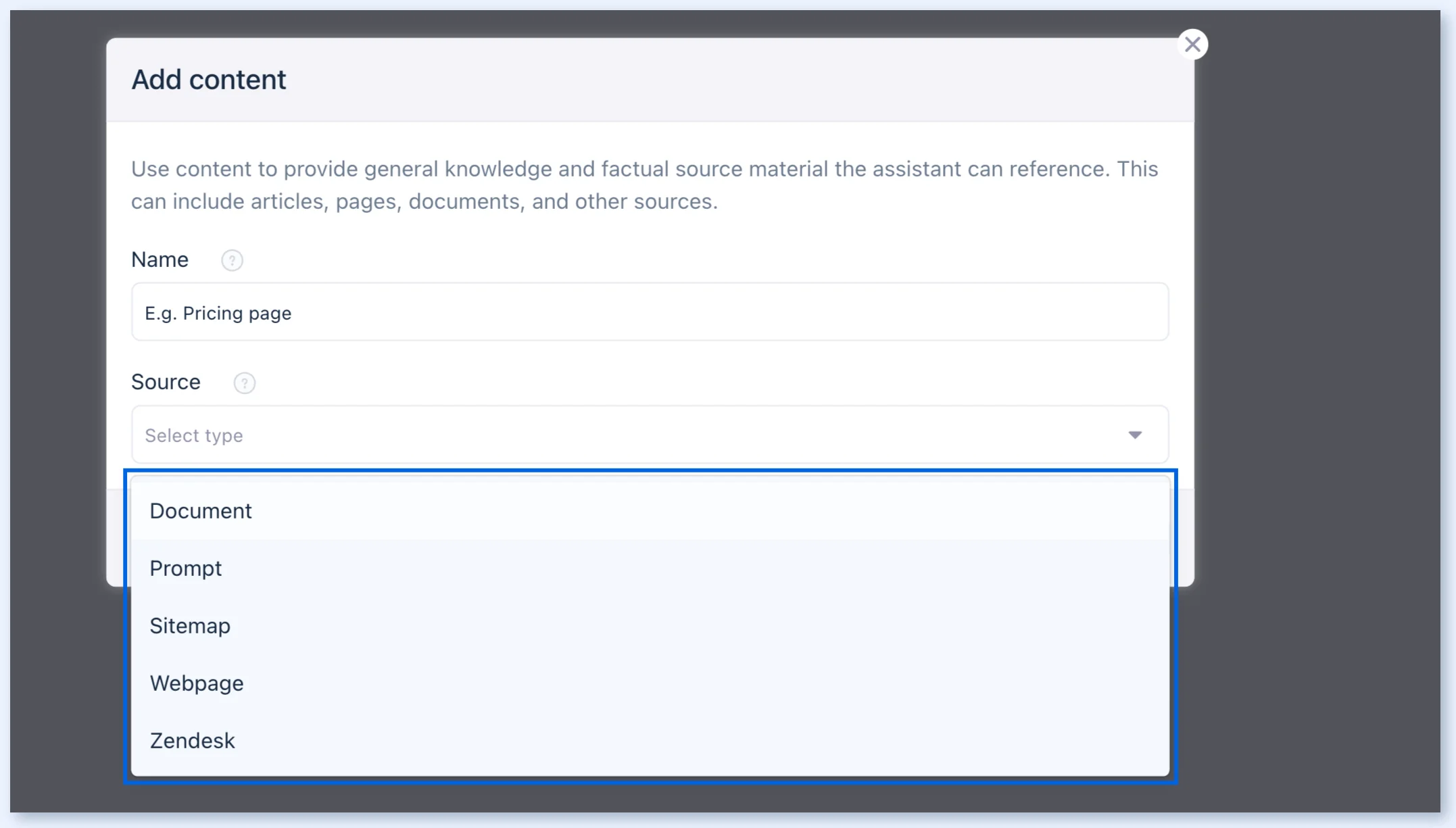 Add content window with the Source options: Document, Prompt, Sitemap, Webpage, and Zendesk