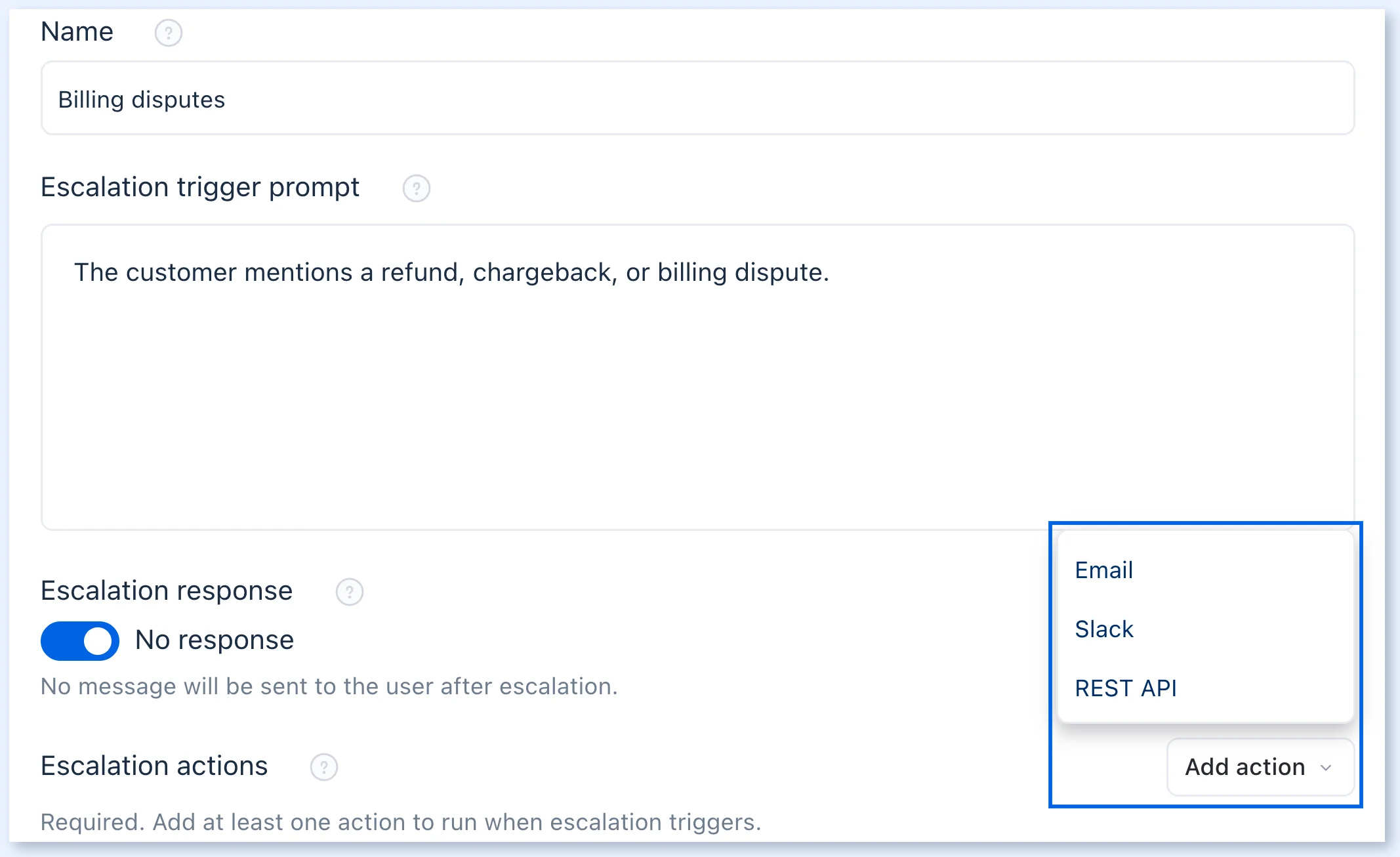 Add escalation window with Email, Slack, and REST API actions