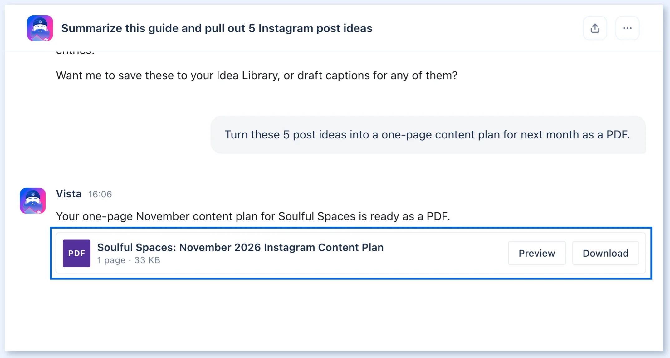 Document card in an Ask Vista chat with Preview and Download