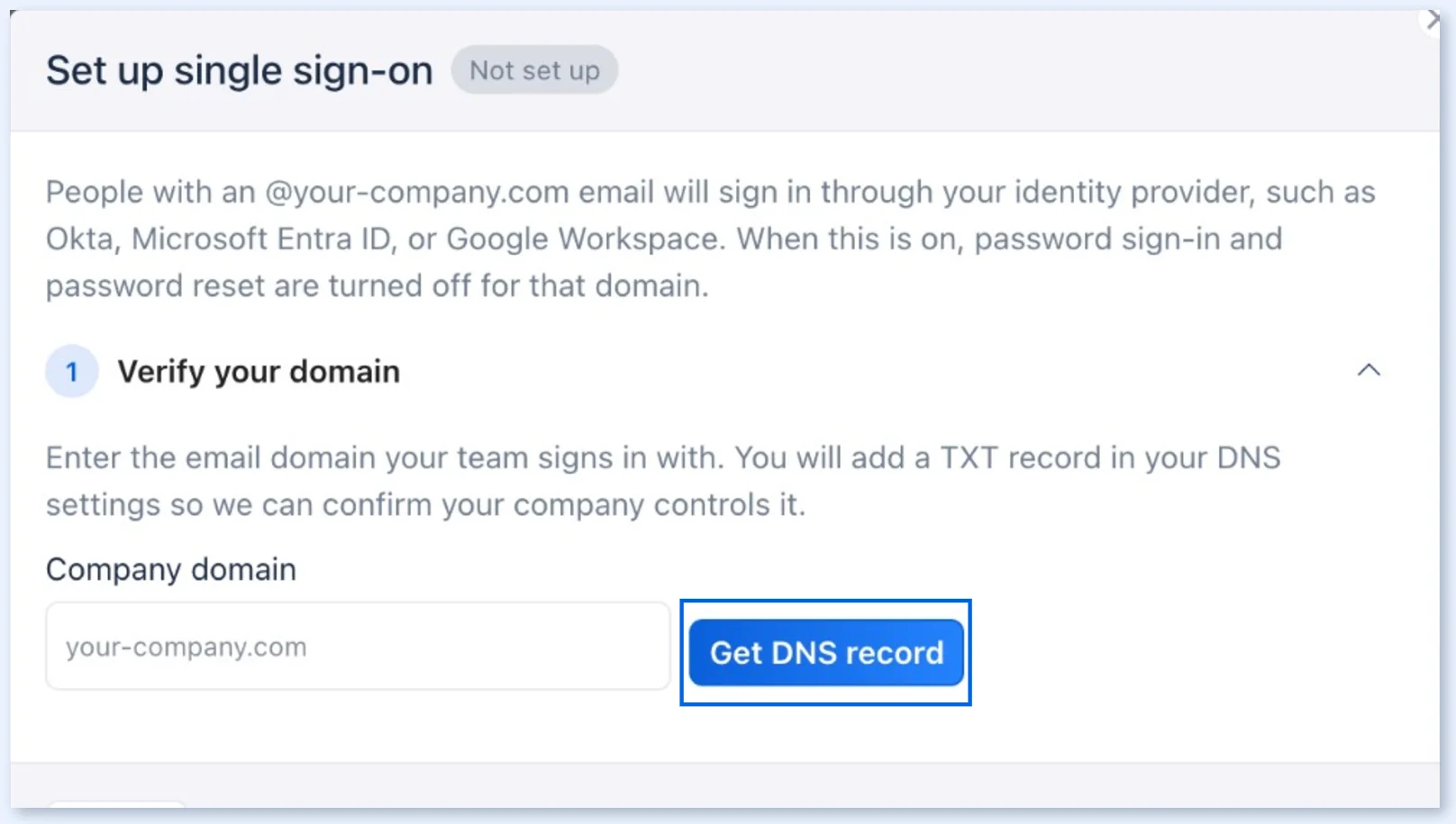 Step 1 of the single sign-on setup, asking for the company domain