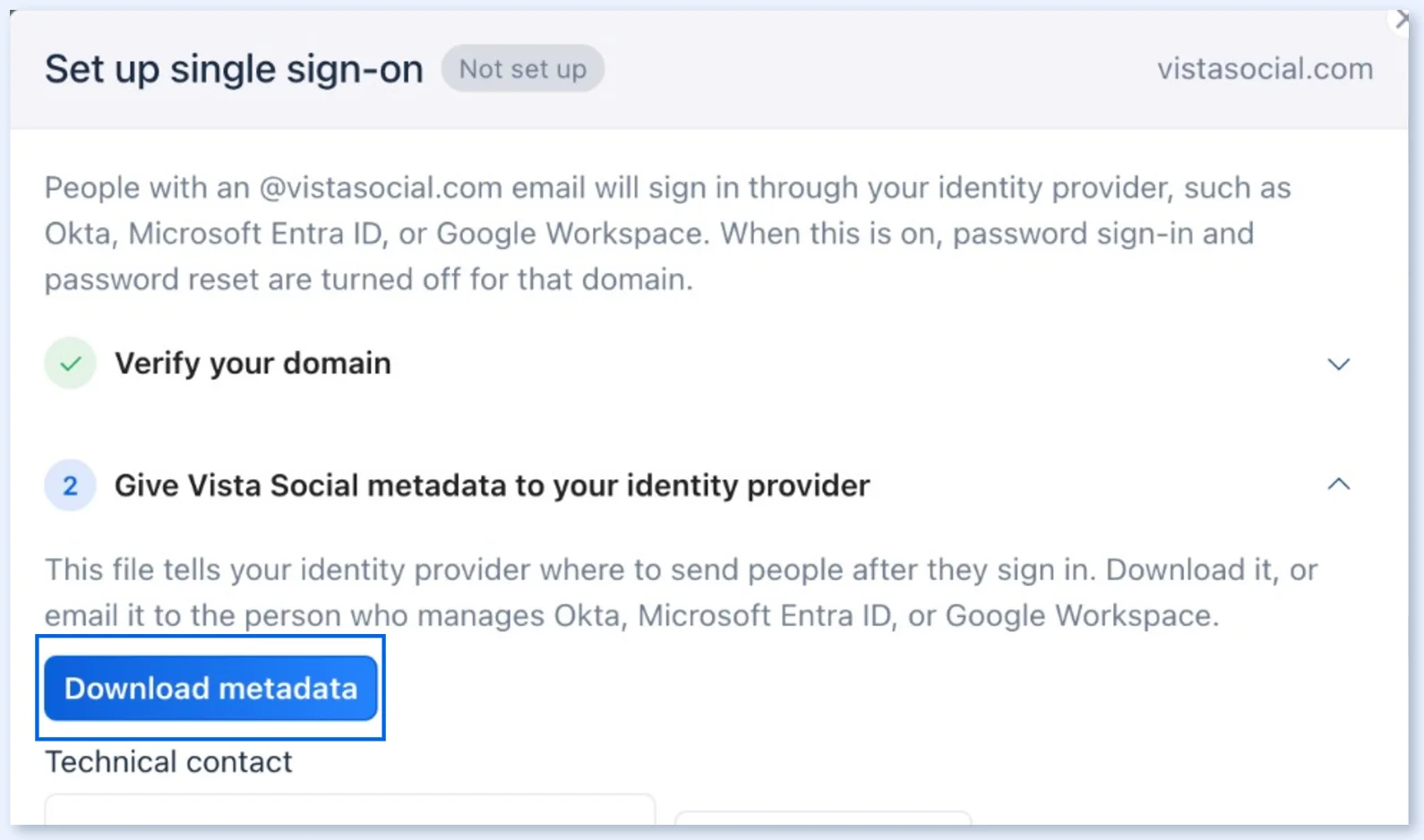 Step 2, with a Download metadata button and a technical contact field