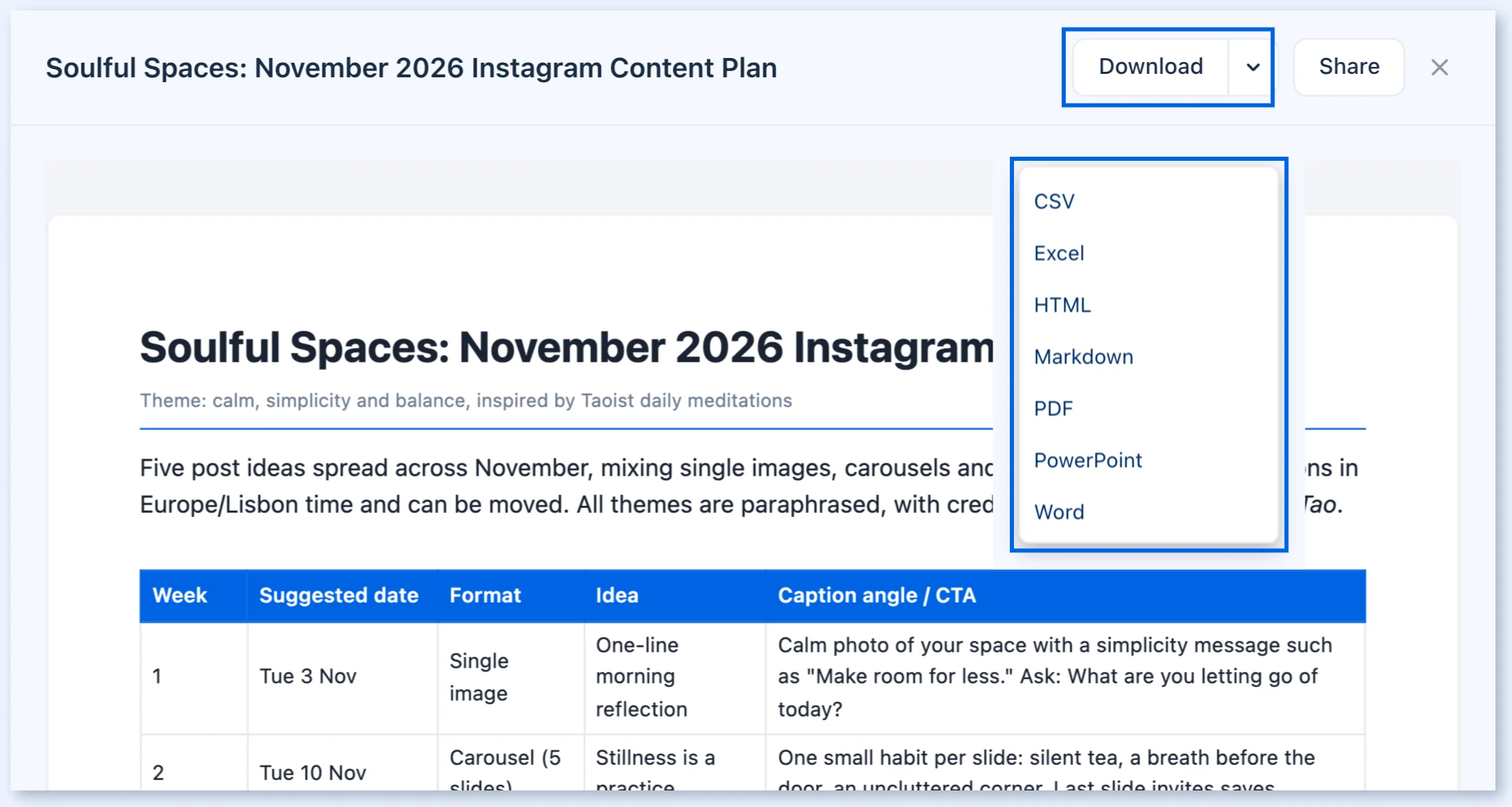 Document preview with the Download menu listing CSV, Excel, HTML, Markdown, PDF, PowerPoint and Word