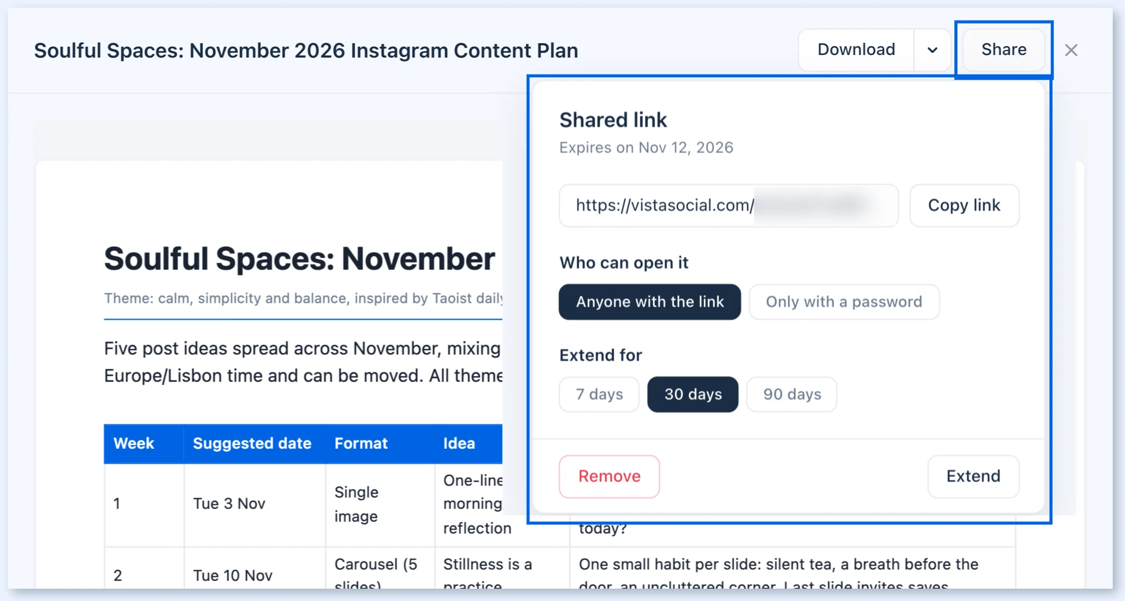 Shared link panel with Copy link, who can open it, expiry options, Remove and Extend