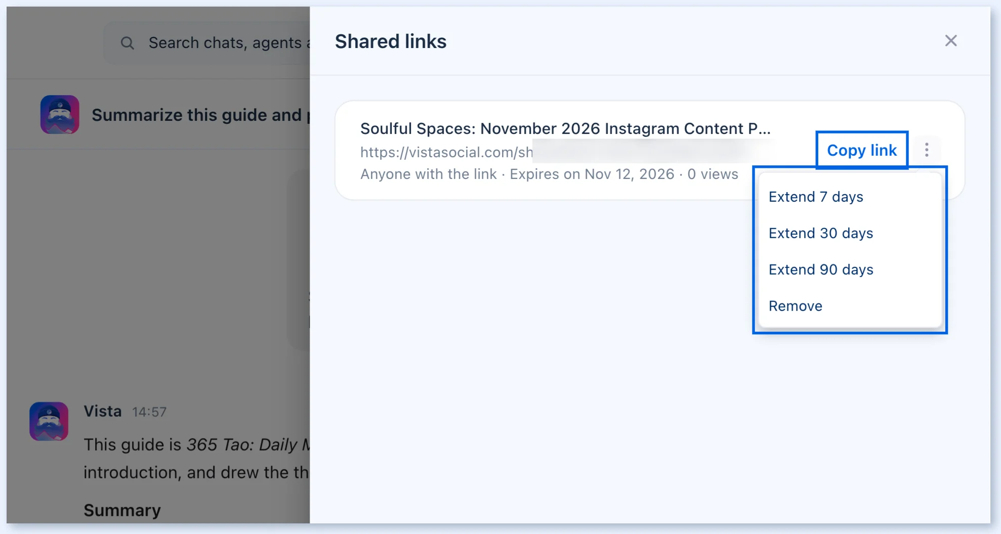 Shared links panel in Ask Vista with Copy link and the Extend and Remove menu