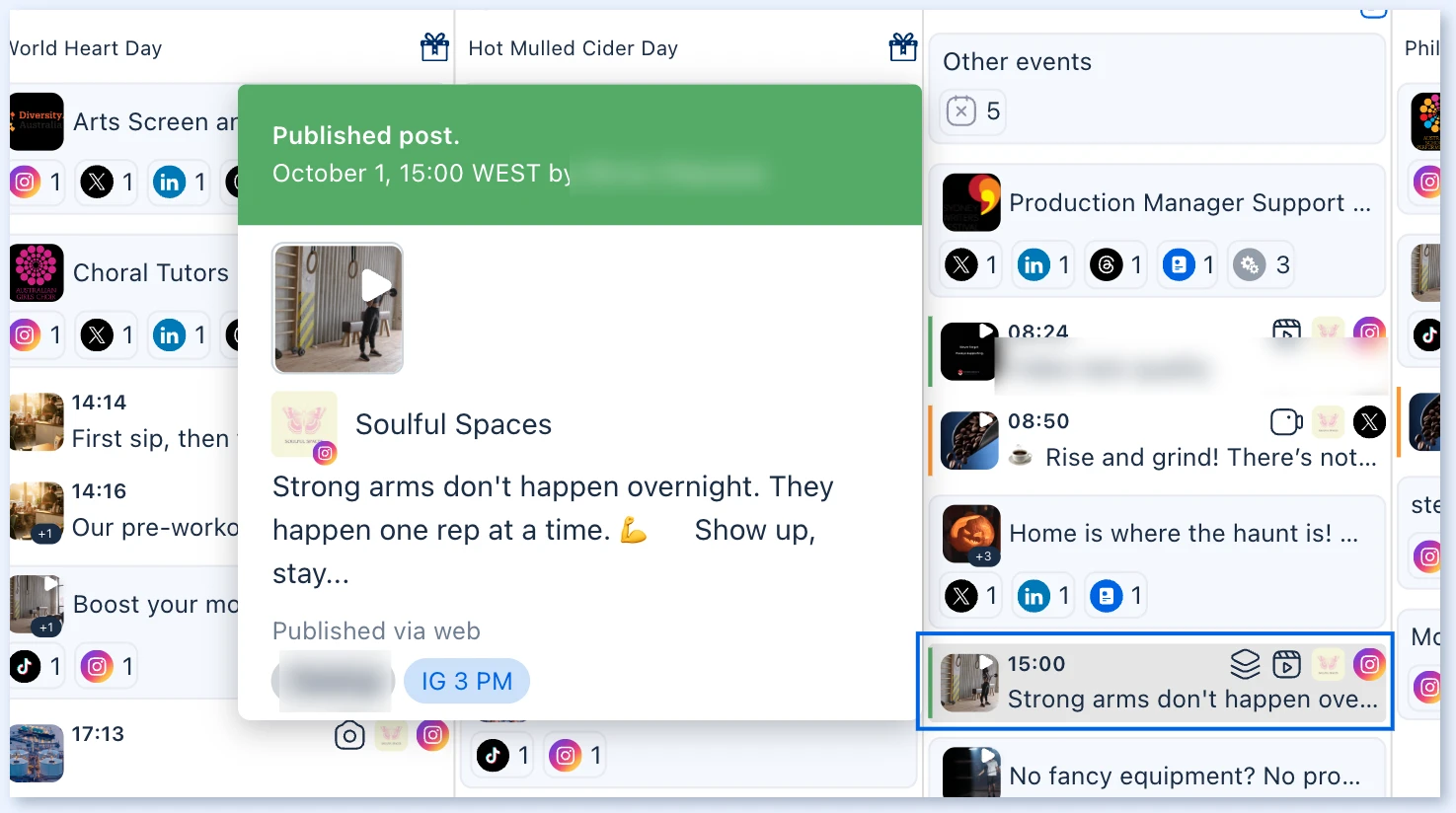 Hovering over a post on the calendar shows a quick preview