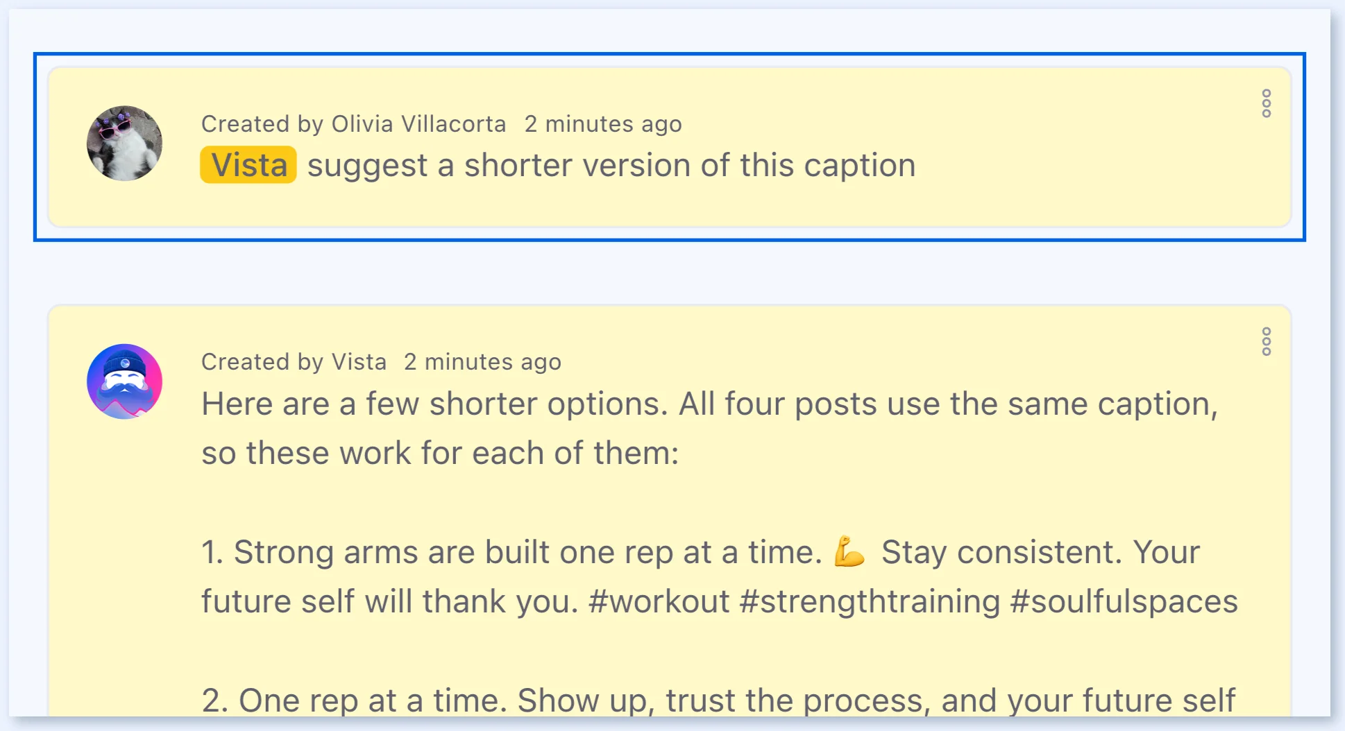 Comentario interno en una publicación que le pide a @Vista un texto más corto para la descripción, y Vista responde con opciones