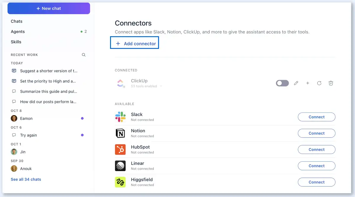 Ask Vista Connectors page with Add connector and the list of available apps
