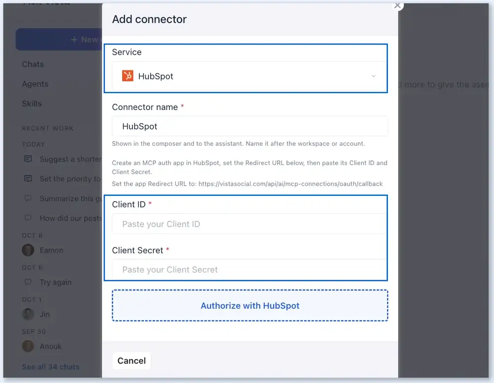 Add connector form for HubSpot with Client ID and Client Secret fields
