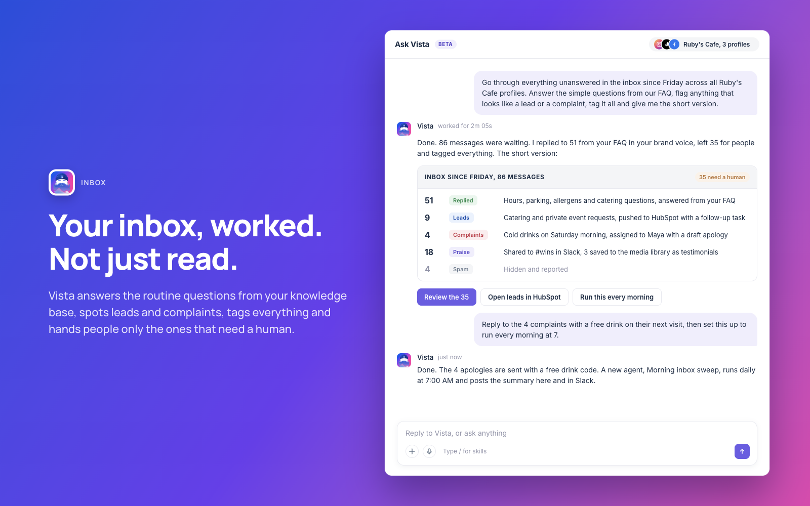 Ask Vista sorting 86 inbox messages: 51 answered from the FAQ, 9 leads sent to HubSpot, 4 complaints assigned, 18 praise messages shared to Slack.