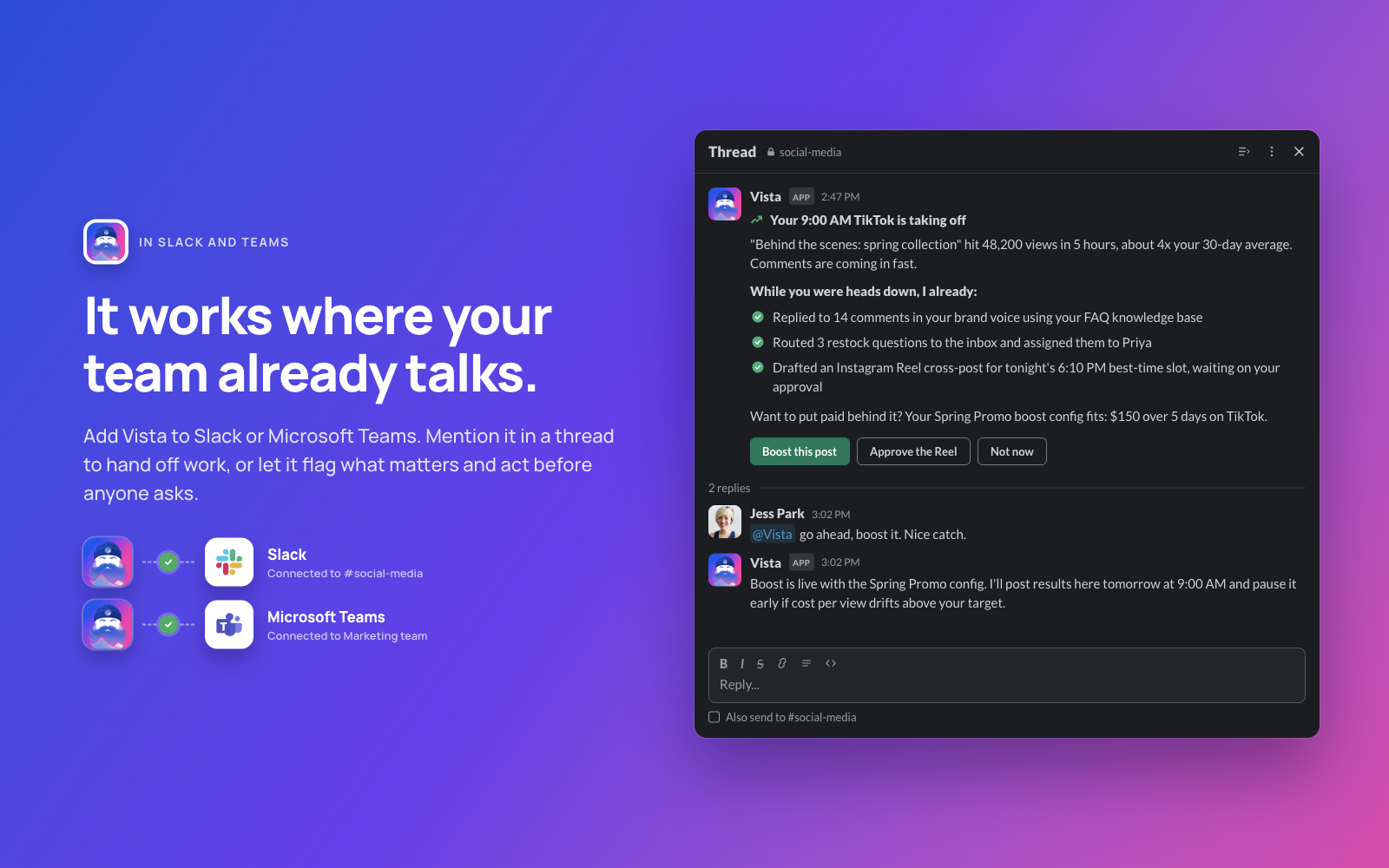 Ask Vista connected to Slack and Microsoft Teams, posting a proactive alert about a post that is taking off, with replies and a boost suggestion.