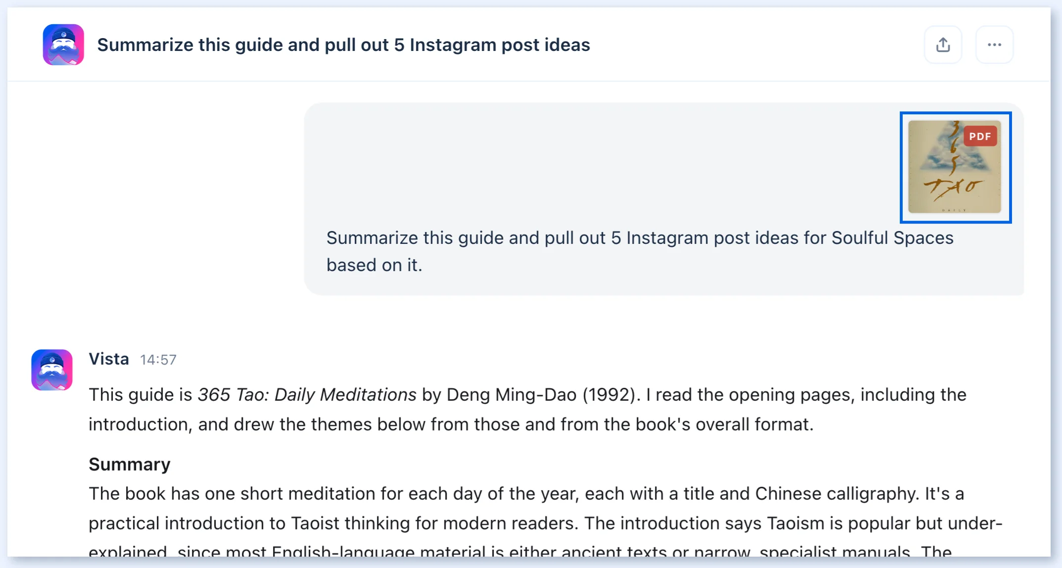 Ask Vista chat with an attached PDF and Vista's summary of it