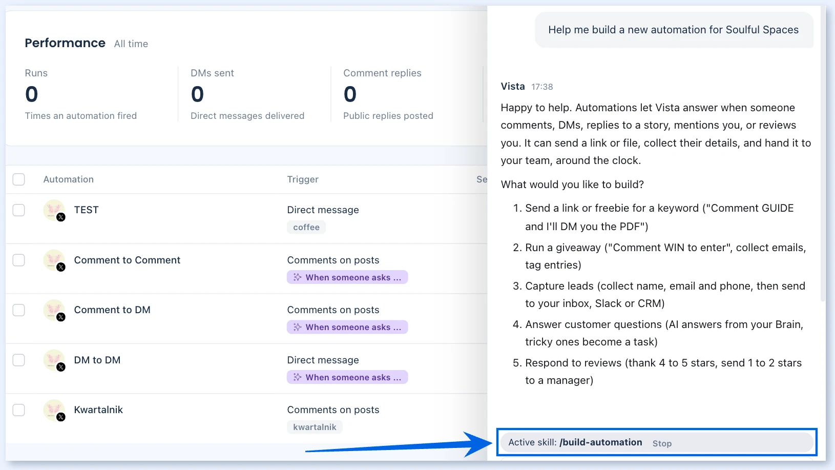 Ask Vista panel showing the suggested automation use cases and the Active skill: /build-automation label
