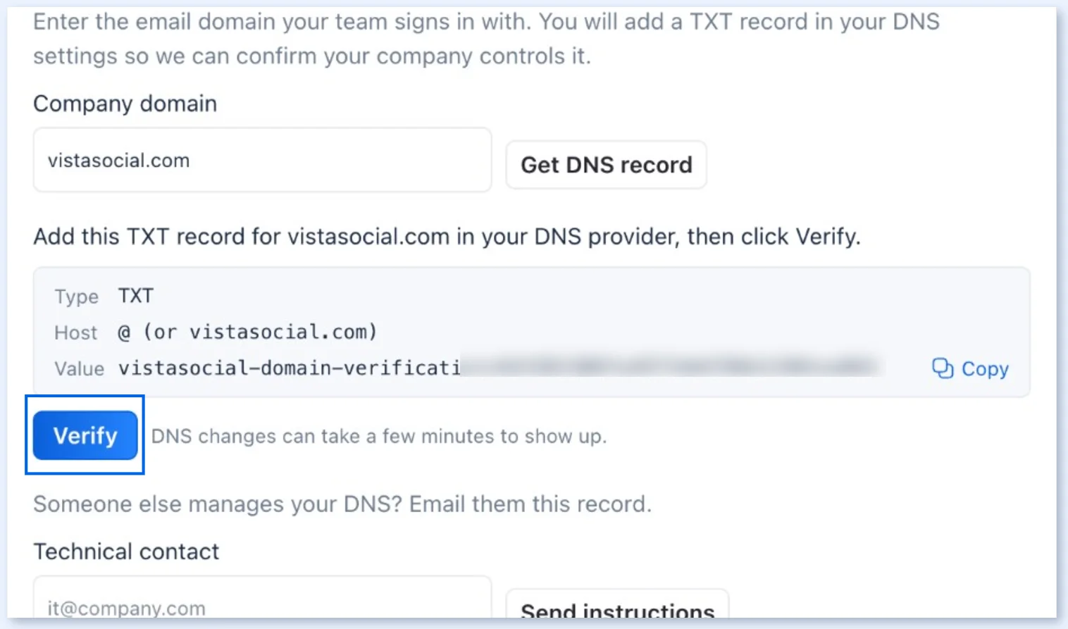 The TXT record to add to your DNS, with a Verify button
