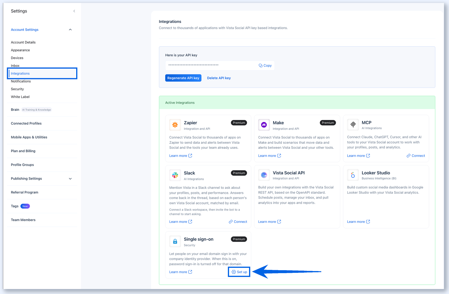 Settings → Integrations with the Single sign-on card and its Set up button highlighted