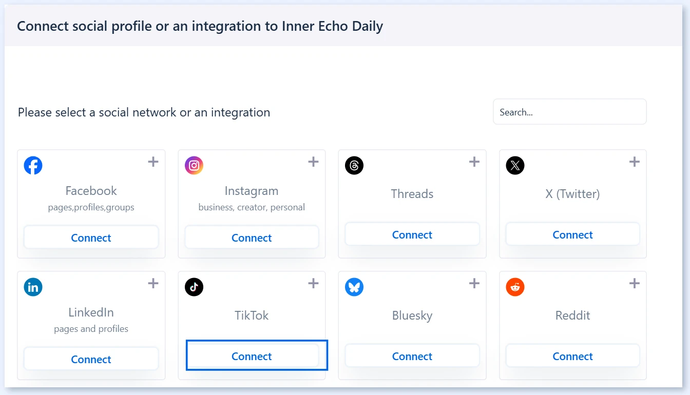 Карточка TikTok с выделенной кнопкой Connect
