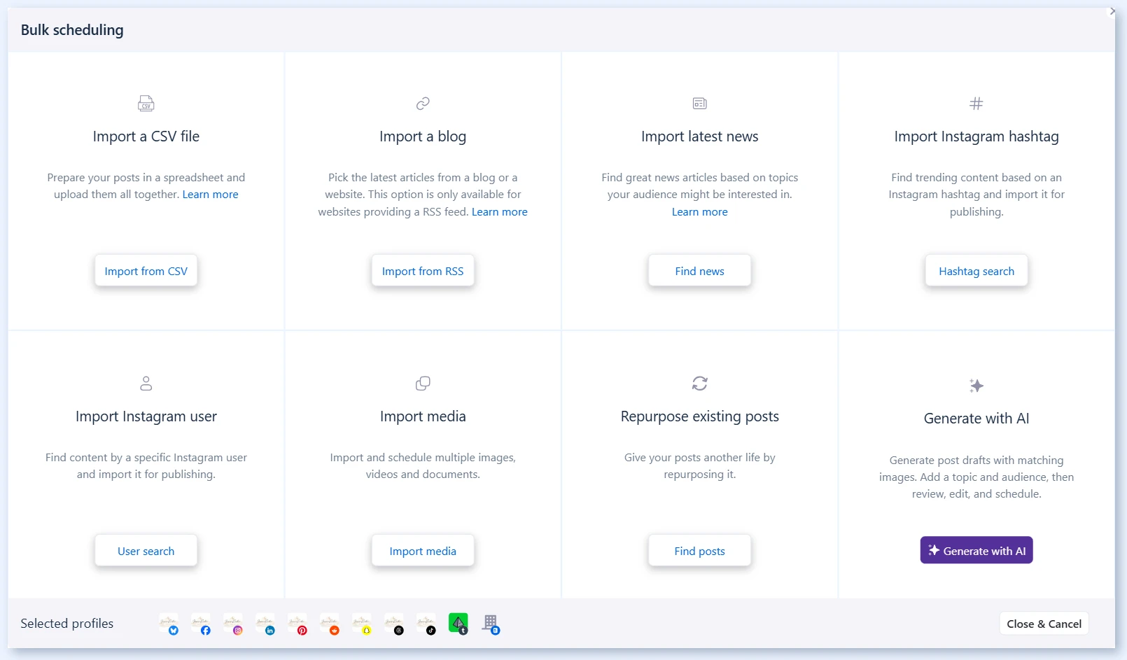 Bulk scheduling window with the eight bulk publishing options